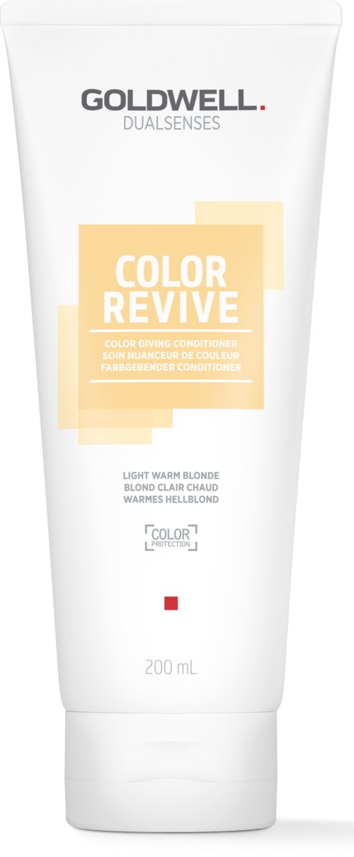 En vit tub med Goldwell Color Revive balsam för blont hår, med gula och röda detaljer, storlek 200 ml.