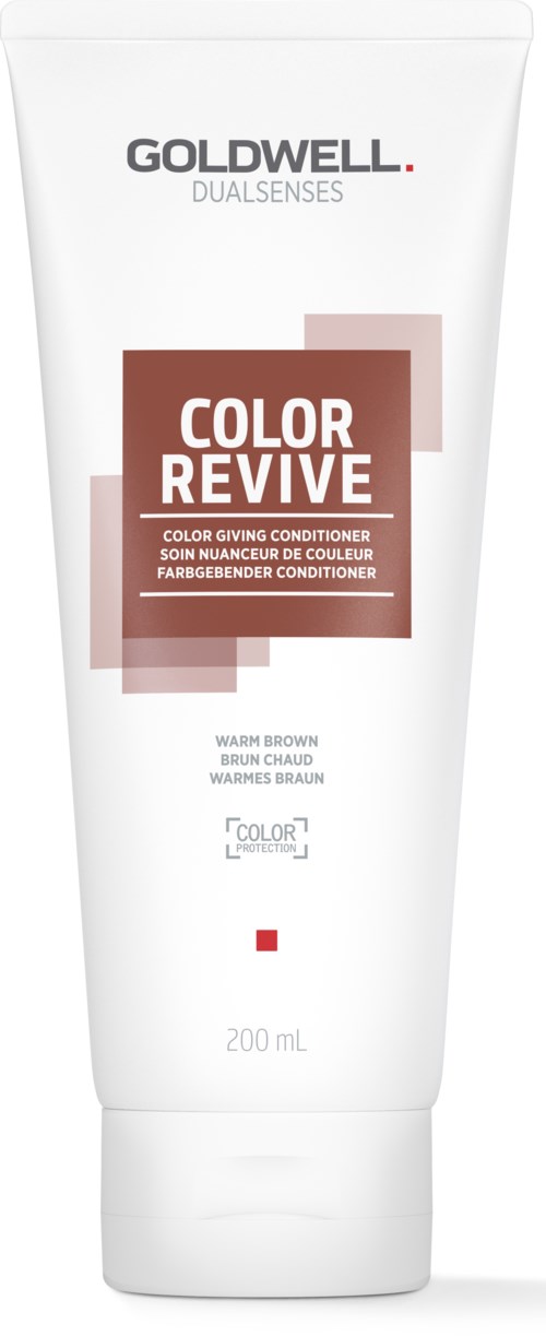 Vit tub med brunt och beige mönster, märkt 'GOLDWELL COLOR REVIVE' för hårfärgsvård.