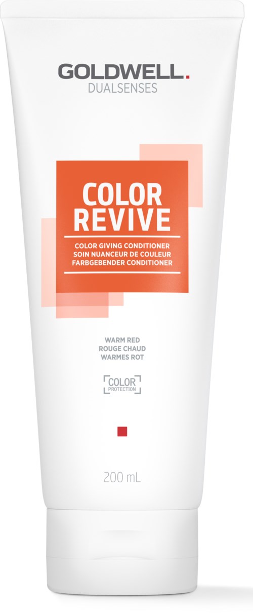 En vit tub med Goldwell Dualsenses Color Revive hårbalsam, kallad Warm Red, 200 mL. Enkel design med orange och röda element.