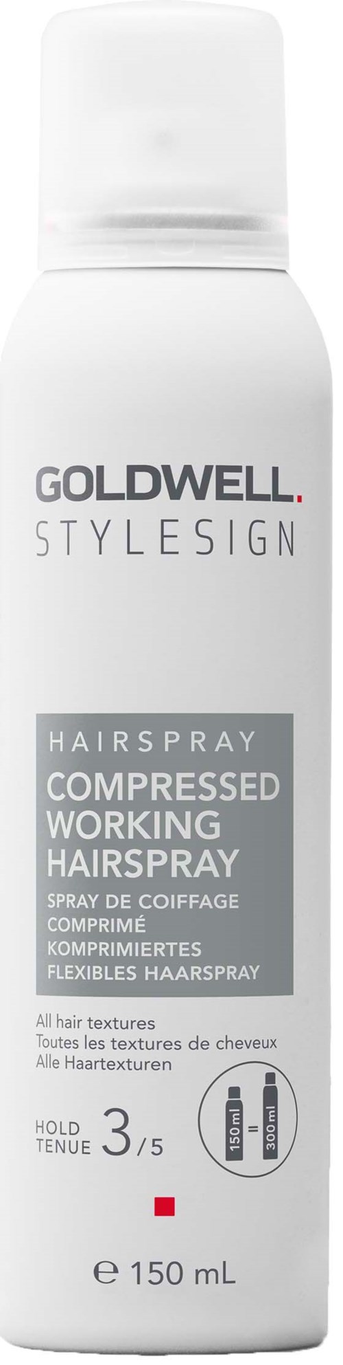 Eine weiße Flasche mit Goldwell StyleSign Haarspray, gekennzeichnet als komprimiertes Arbeitshaarlack für flexible Halt, 150 ml.