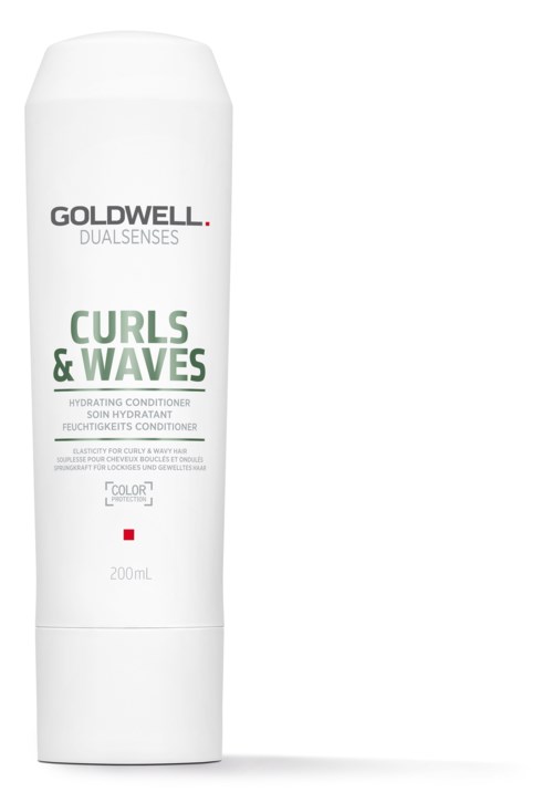 A white bottle labeled Goldwell Dualsenses Curls & Waves, a hydrating conditioner for curly or wavy hair, 200ml.