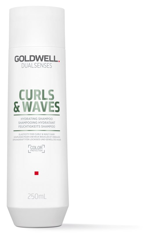 A white bottle of Goldwell Curls & Waves hydrating shampoo with black, green, and red text.
