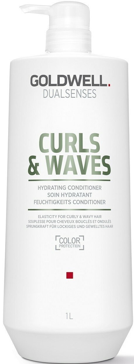 A white bottle of Goldwell Dual Senses Curls & Waves conditioner with a pump, labeled for curly and wavy hair.