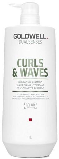 A white bottle of Goldwell Dualsenses Curls & Waves hydrating shampoo with a pump dispenser on top.