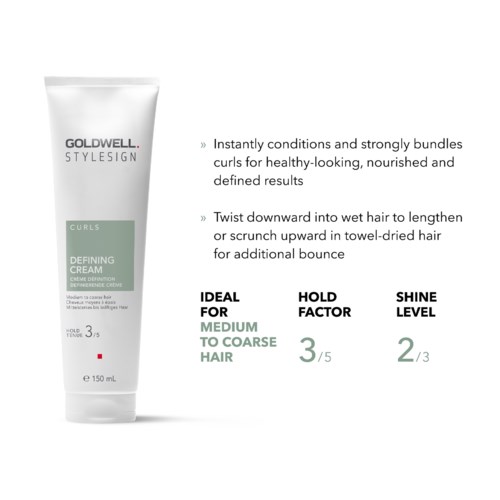 Eine weiße Tube Goldwell StyleSign Defining Cream für mittleres bis grobes Haar. Enthält Anweisungen sowie Halte- und Glanzbewertungen.