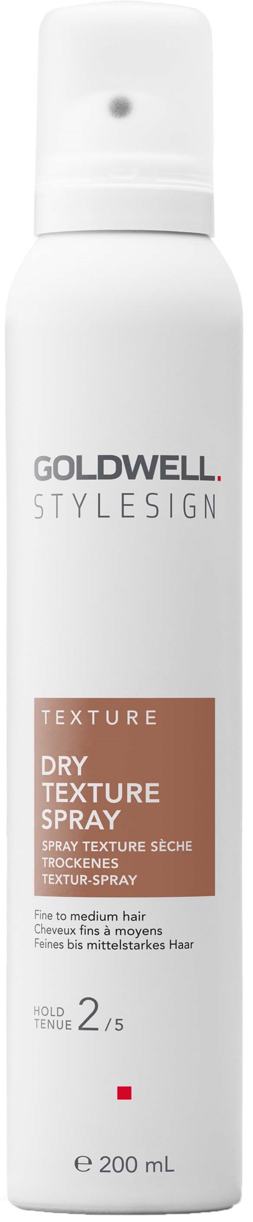 Eine weiße Flasche Goldwell Trockentexturenspray für Haare, mit Sprühkopf und Produktdetails.