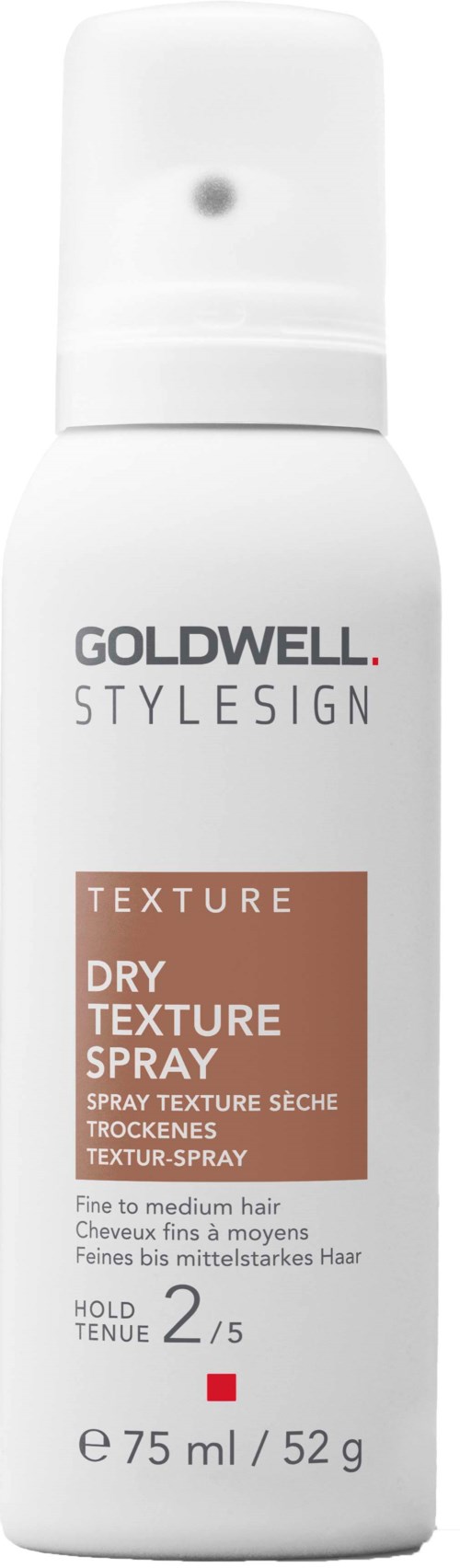 A white aerosol spray bottle labeled Goldwell StyleSign Dry Texture Spray, designed for hair styling and texture.