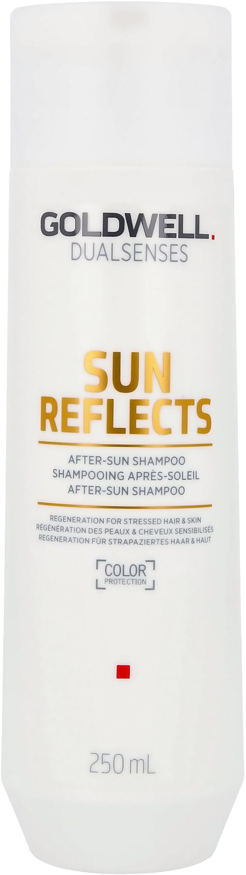 Eine weiße Flasche Goldwell Sun Reflections After-Sun-Shampoo mit schwarzen, gelben und roten Texten, 250 ml.
