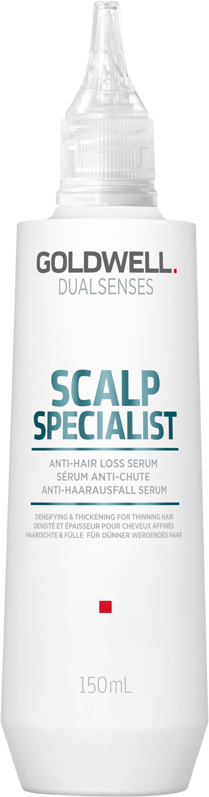 Eine weiße Flasche mit spitzem Aufsatz, beschriftet 'Goldwell Dualsenses Scalp Specialist' für Haarbehandlung, 150 ml.