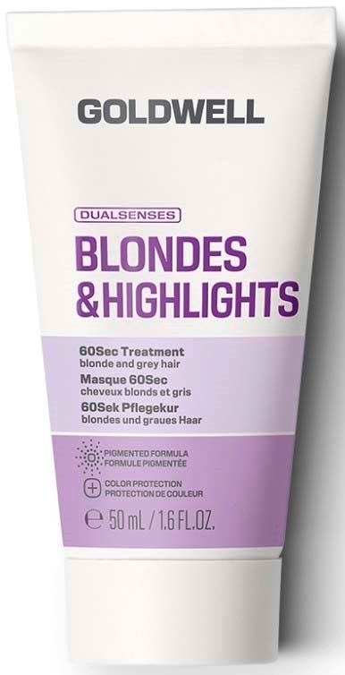 Rør med Goldwell blondiner og highlighters hårbehandling med lilla og hvit emballasje.