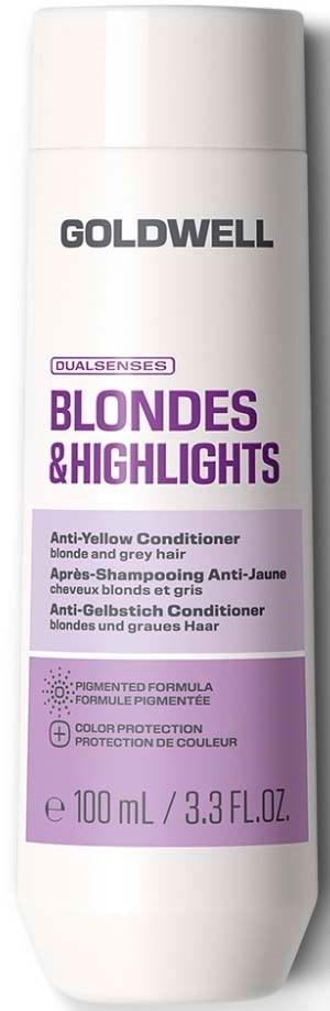 Goldwell blondes and highlights anti-yellow conditioner flaske med lilla etikett og hvit lokk.