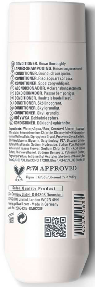 Baksiden av en hvit flaske med tekst om hårkondisjonering og ingredienser på flere språk.