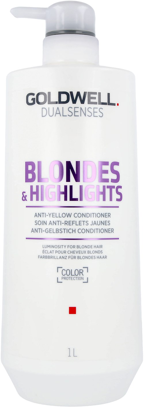 Eine weiße Flasche mit Pumpe enthält Goldwell Dualsenses Blonde & Highlights Conditioner, für blondes Haar. Das Etikett hat lila und schwarze Texte.
