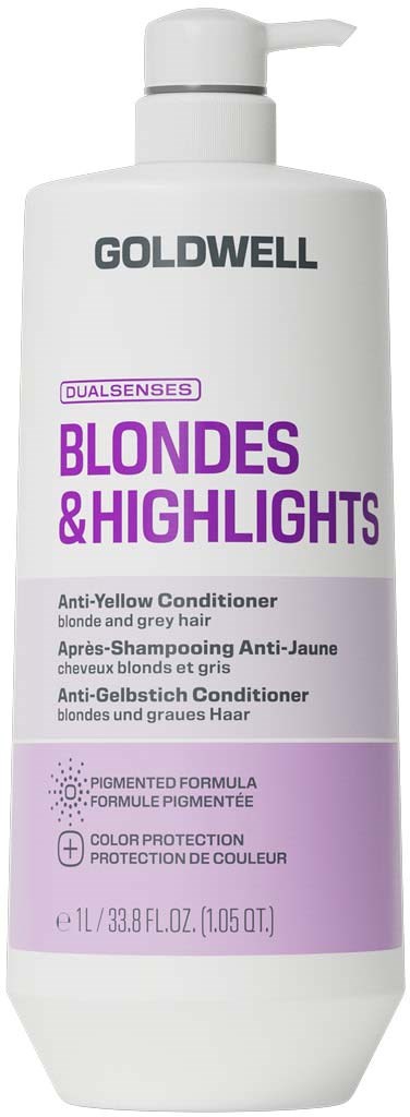 Goldwell balsam for blondes og highlighters med lilla og hvit etikett.