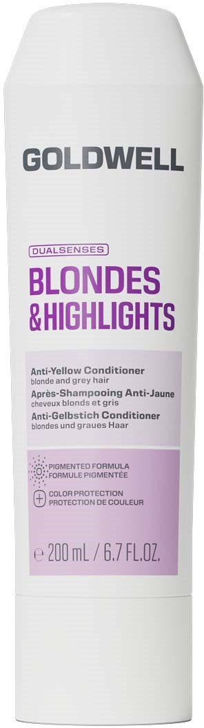 Hvit flaske med Goldwell blondes and highlights anti-yellow balsam med lilla etikett og svart tekst.