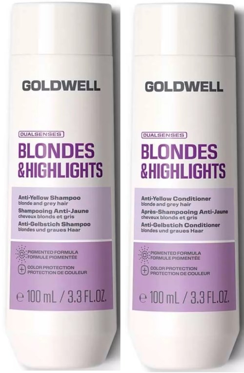 To hvite flasker med Goldwell Blondess & Highlights hårpleieprodukter, en for anti-gul sjampo, en for anti-gul balsam.
