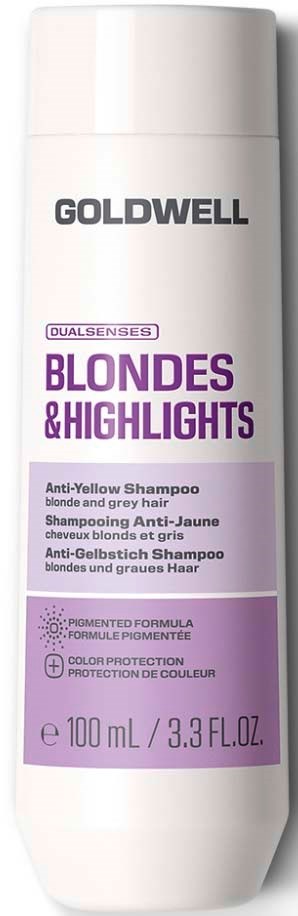 Goldwell sjampo for blondt og grått hår med lilla og hvite etikett.