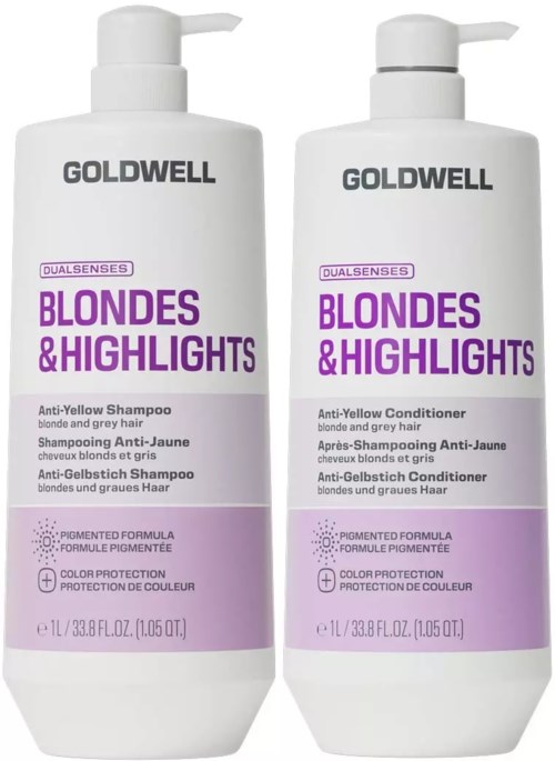 To flasker med Goldwell sjampo og balsam for blondiner og høydepunkter, hovedsakelig hvite med lilla og svart tekst.