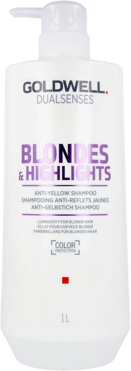 Eine weiße Flasche mit Pumpkopf, beschriftet Goldwell Dualsenses Blonde & Highlights Anti-Gelb Shampoo, 1 Liter.