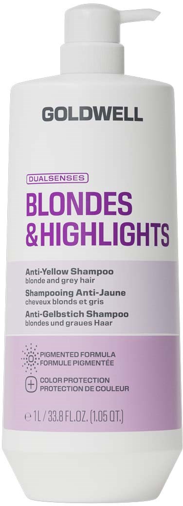 Hvit sjampo flaske med lilla og grå tekst for Goldwell blondiner og høydepunkter anti-gul sjampo.