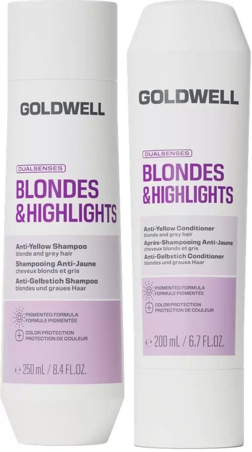 To hvite flasker fra Goldwell blondes og highlights sjampo og balsam med lilla og svarte etiketter.