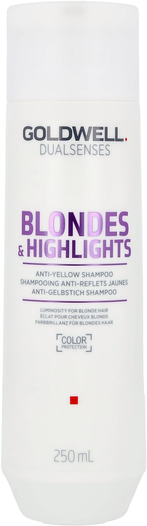 Eine weiße Flasche Goldwell Blonde & Highlights Shampoo, 250 ml, für blondes Haar mit Anti-Gelb-Formel.