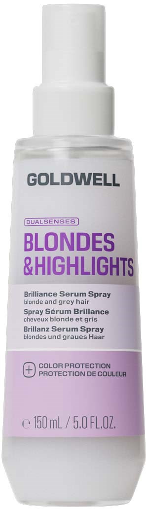 Serumsprayflaske for blondiner og lyse opp med lilla og hvitt emballasje fra Goldwell.