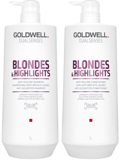 Zwei weiße Flaschen mit Shampoo und Conditioner für blondes Haar, Marke Goldwell, mit lila und schwarzem Text.