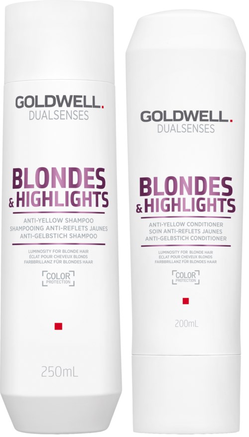 Sie sind Shampoo- und Conditionerflaschen für Blondinen mit Marken- und Produktdetails auf den Etiketten.