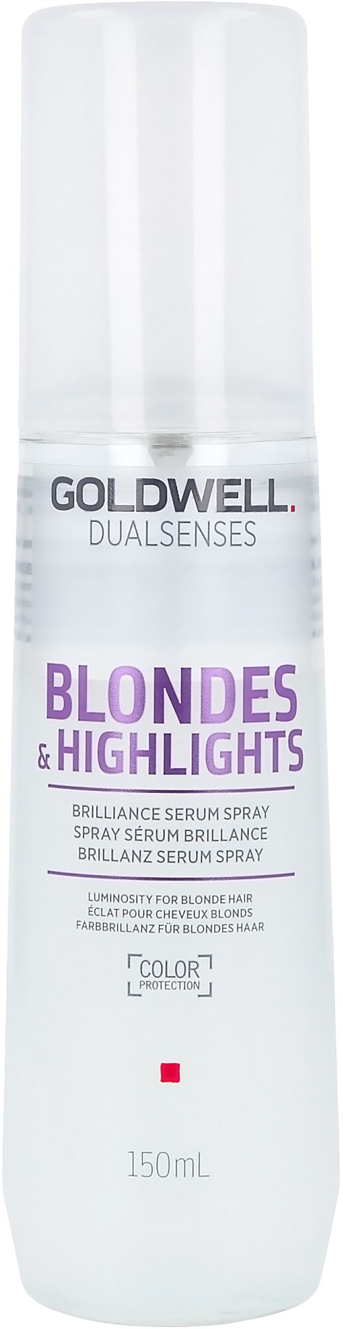 Eine lange, weiße Flasche mit Beschriftung für blondes und Highlights-Haarspray, Markenname Goldwell, 150 mL.