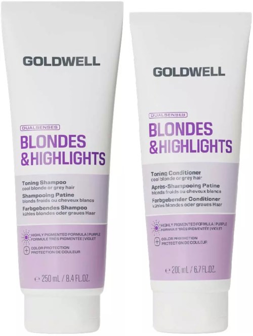 To lange hvite rør med Goldwell Blond & Highlights hårprodukter, en for sjampo og en for balsam, med lilla etiketter.