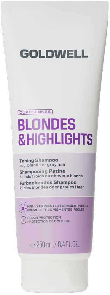 Goldwell Dual Senses Blondes & Highlights Toning Shampoo for lyst og grått hår, 250 ml-flaske.
