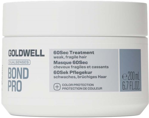 En hvit krukke med Goldwell Bond Pro 60Sec Treatment for svekket, skørt hår, med tekst på etiketten som beskriver produktet.