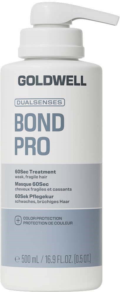 En hvit flaske med Goldwell Bond Pro-behandling med pumpe, beregnet på svakt, skjørt hår. Etiketten har blå og svart tekst.