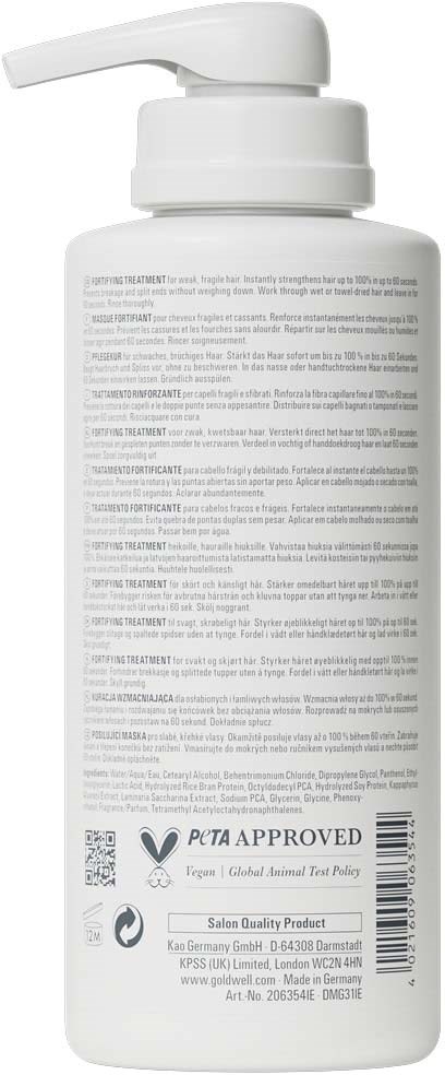 En hvit pumpeflaske med detaljert tekst og strekkoder på baksiden, brukt til hud- eller hårpleieprodukter.