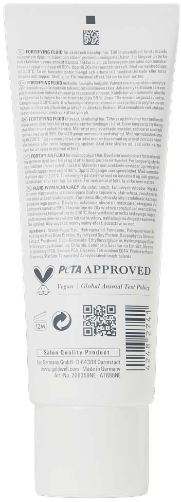 Baksiden av en hvit tube med liten tekst, PETA-logo, QR-kode, strekkode og sertifiseringsmerker.