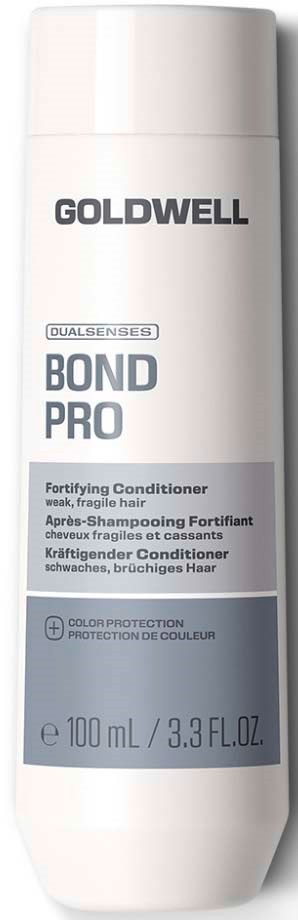En hvit flaske med Goldwell Bond Pro styrkende balsam for svakt, sprøtt hår, med grå og svart tekst på etiketten.