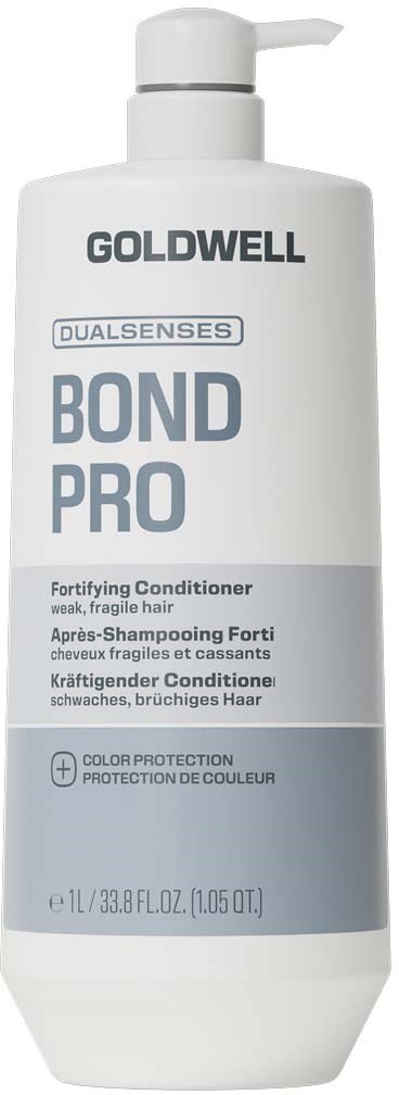 En hvit flaske med Goldwell Bond Pro styrkende balsam med pumpe.