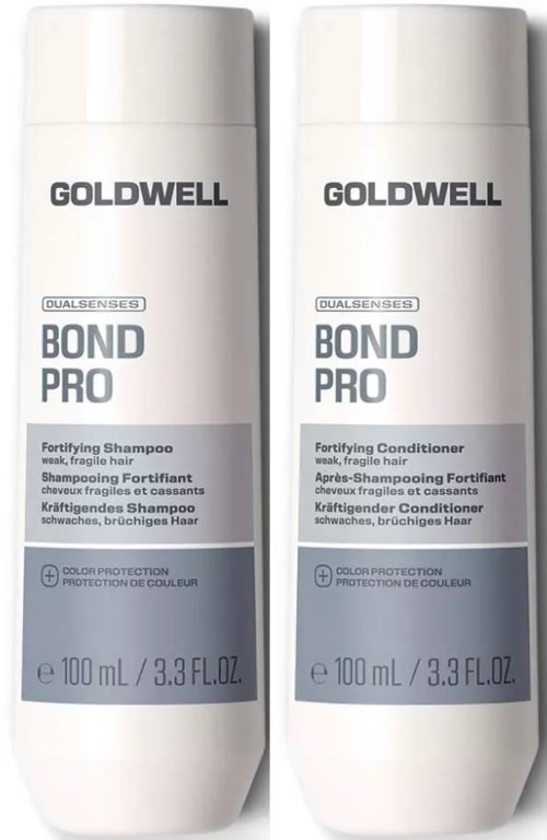 To hvite flasker med Goldwell Bond Pro sjampo og balsam. Sjampo til venstre, balsam til høyre, begge 100 ml.