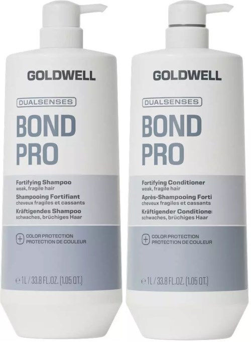 To hvite flasker med Goldwell Bond Pro styrkende sjampo og balsam med grå og blå etiketter.