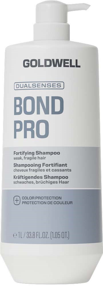 En hvit flaske av Goldwell Dualsenses Bond Pro styrkende sjampo med pumpe.