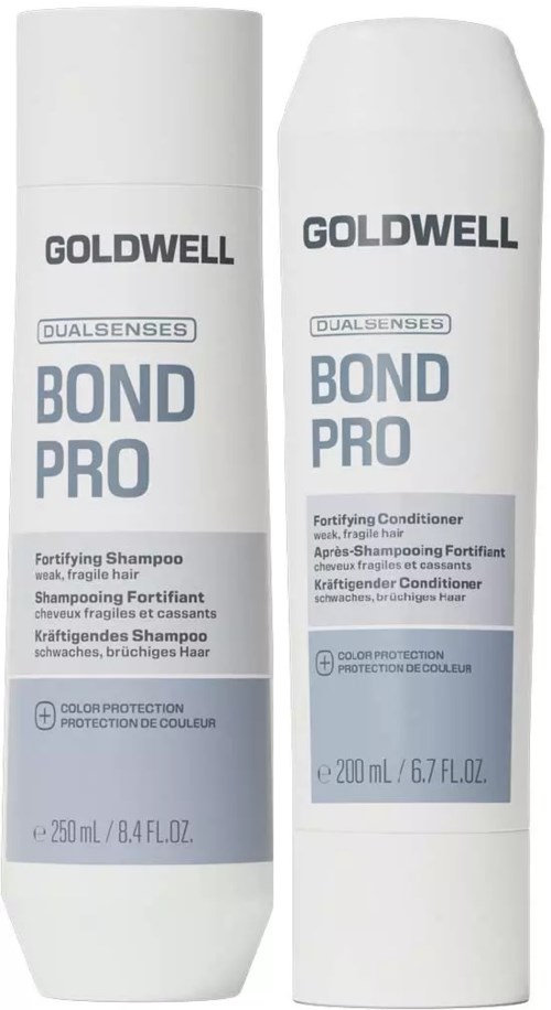 To hvite flasker med Goldwell Bond Pro sjampo og balsam med blå og svarte etiketter, 250 ml hver.
