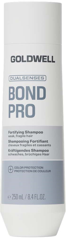 En hvit flaske med Goldwell Dualsenses Bond Pro styrkende sjampo for svakt, skjørt hår med grå etikett og tekst.