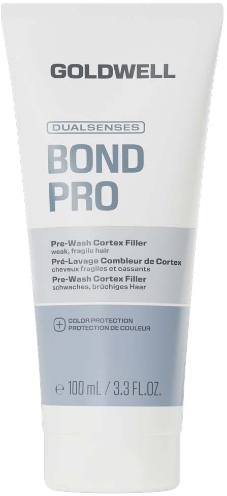 En hvit tube av Goldwell Bond Pro pre-wash med blå og svart tekst og logo, med 100 ml produkt.