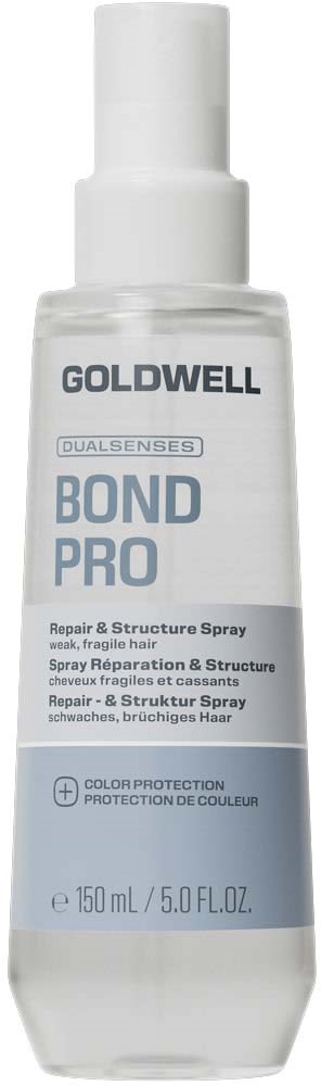 En hvit sprøyteflaske med hvitt lokk merket Goldwell Bond Pro, Repair & Structure Spray, 150 ml.