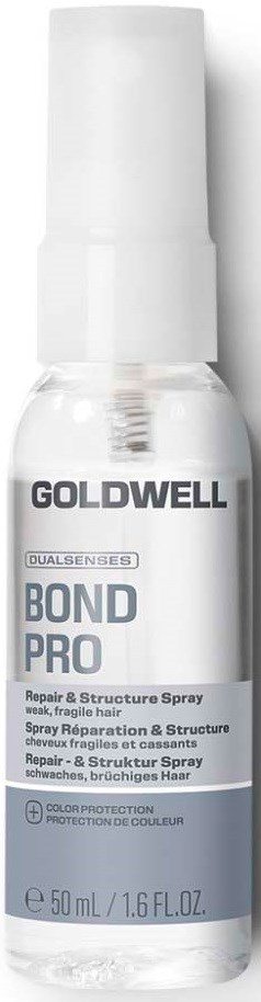 En gjennomsiktig sprayflaske merket Goldwell Bond Pro Repair og Structure Spray for svakt hår, med hvit og grå tekst og lokk.