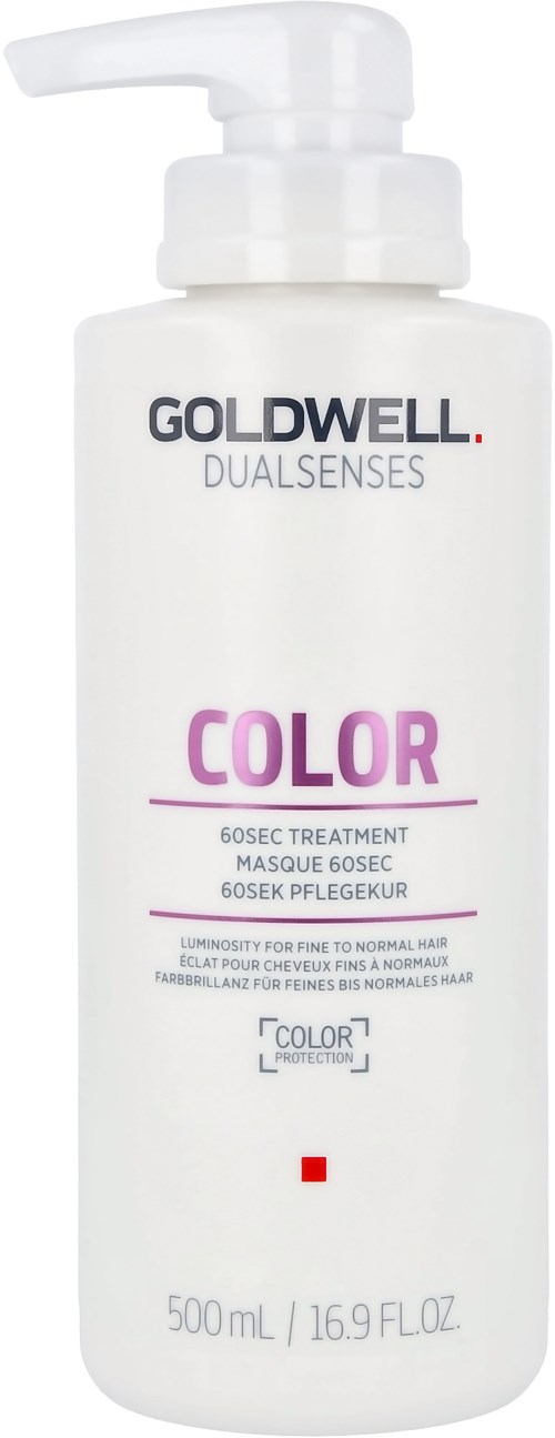 Eine weiße Flasche mit Pumpspender, beschriftet mit Goldwell Dualsenses Color, enthält 500 ml Haarbehandlung.