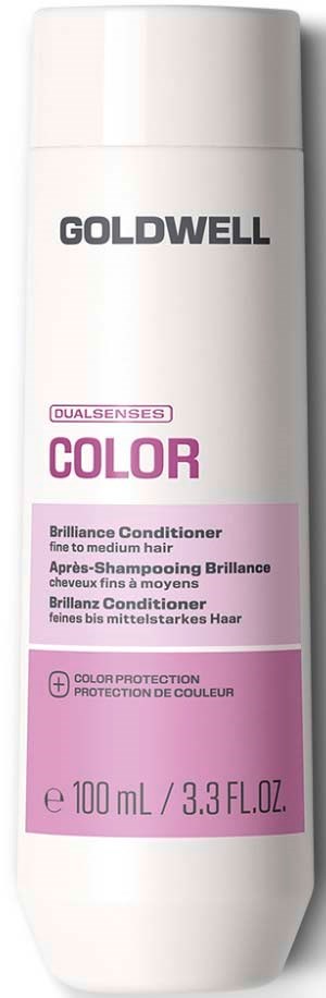 En hvit flaske med Goldwell Dualsenses Color Brilliance Conditioner for middels hår, med rosa etikett og svart og rosa tekst.
