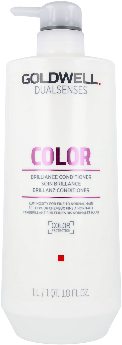 Eine weiße Flasche Goldwell Dualsenses Color Conditioner für normales Haar mit Pumpverschluss und pinkem Text.