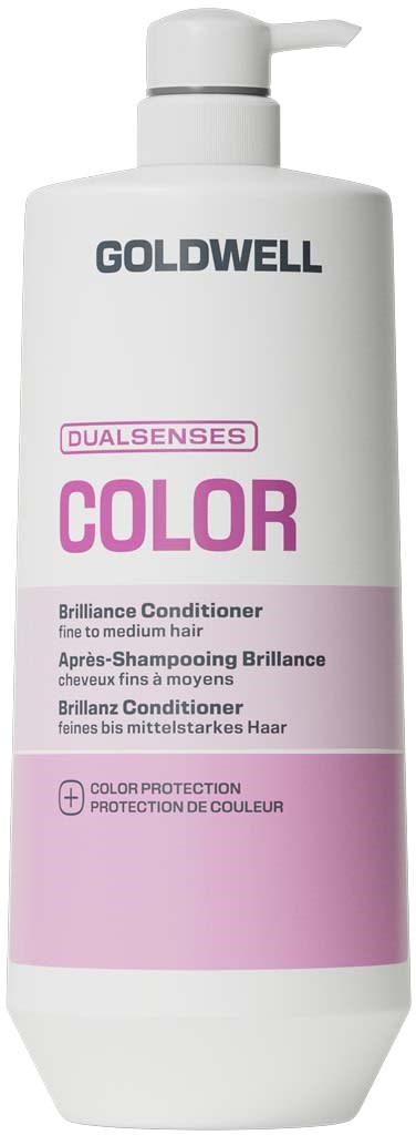 Goldwell Dualsenses Color brilliance balsamflaske med hvit og rosa design og pumpeinnlegg.